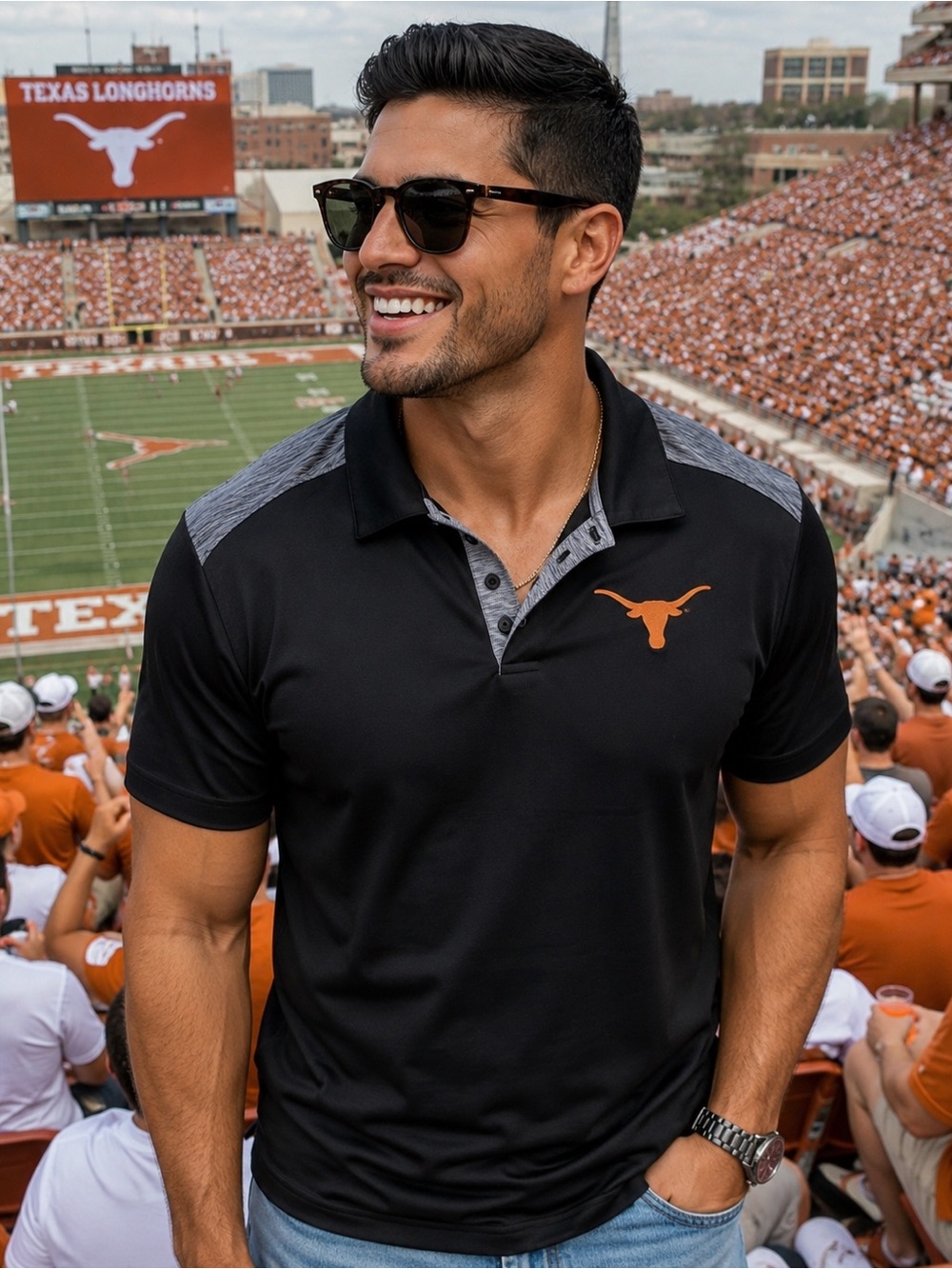Fanatics Men's Black and Gray Polo with Orange Logo